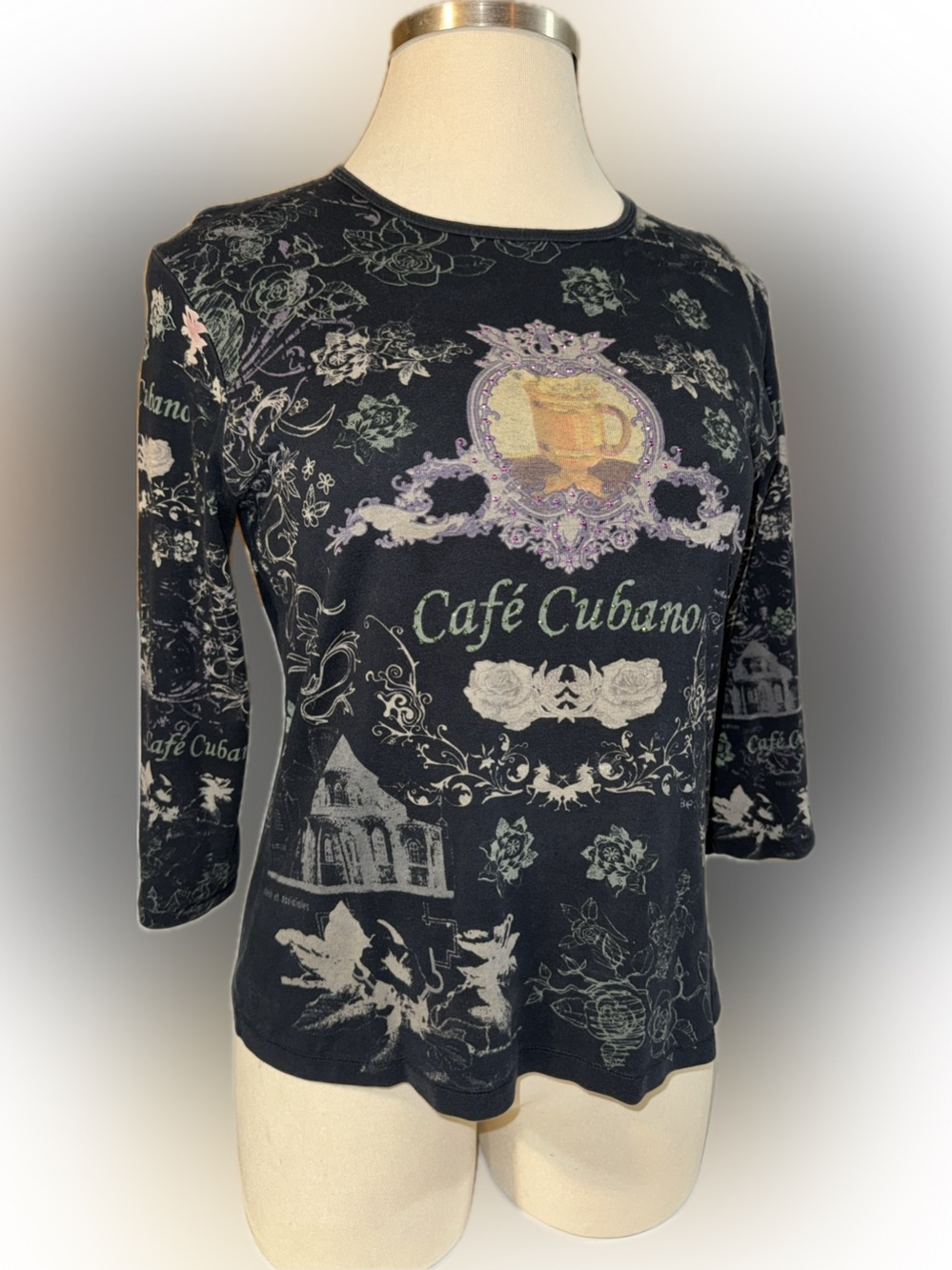 Vintage Women’s Apt. 9 Black Floral 'Café Cubano' Quarter Sleeve Tee size XL